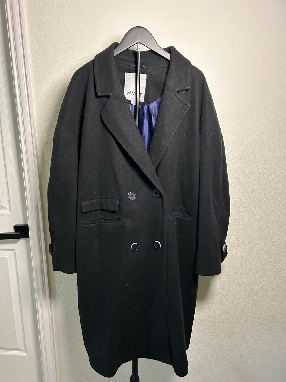 NVLT Black Coat with Navy Satin Lining
